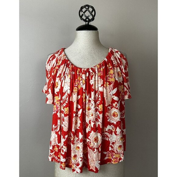 Free People Baja‎ Babe Red Floral Print Tie Back Cold Shoulder Tee Top Jersey XS - Picture 4 of 16